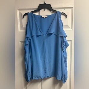 Mika Mindel Blue Designer 100% Silk Cold Shoulder Vienna Blouse Size Large